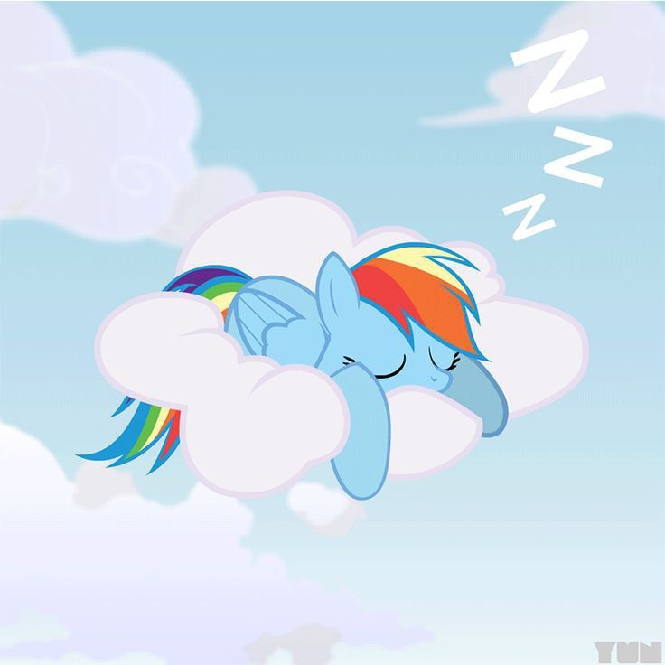 a rainbow pony sleeping on top of a cloud