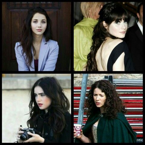 four different pictures of women with long hair and one has a camera in her hand