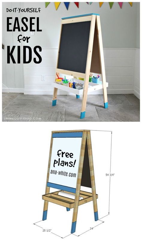 an easel for kids is shown next to a drawing board with the words free plans on it