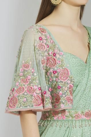 Shop for Rajat and Shraddha Green Georgette Embellished Pre-draped Saree for Women Online at Aza Fashions Saree Green, Stitched Saree, Draped Saree, Embellished Belt, Saree For Women, Embellished Neckline, Drape Saree, Embellished Blouse, Sweetheart Neck