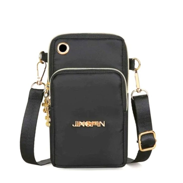 Fashion Mobile Crossbody Wallet Color: Black Straps Type: Adjustable Material: Polyamide Composition: 100% Nylon Casual Black Phone Bag With Zipper Pocket, Casual Black Phone Bag, Casual Black Portable Phone Bag, Black Phone Bag With Zipper Pocket For Travel, Trendy Black Phone Bag With Zipper Closure, Functional Black Phone Bag With Zipper Closure, Functional Black Wallet With Removable Pouch, Functional Black Portable Phone Bag, Black Phone Bag With Zipper Closure