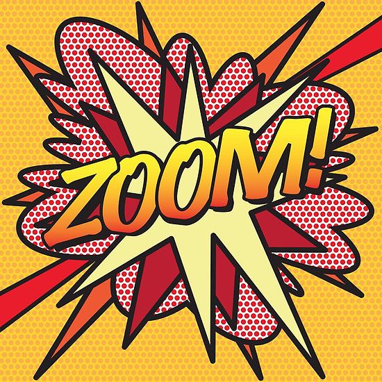 the word zoom written in comic style pop art on yellow and red halftone background