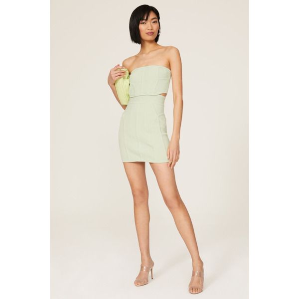 Green knit (74% Cotton, 25% Nylon, 1% Spandex). Sheath. Strapless. Sleeveless. Back zipper closure. 25" from bust to hemline. Imported. Spring Bodycon Dress With Fitted Bodice And Straight Neckline, Spring Sleeveless Bodycon Dress With Fitted Bodice, Fitted Strapless Sheath Dress, Bodycon Strapless Dress With Straight Neckline For Spring, Fitted Sheath Strapless Dress For Summer, Spring Mini Stretch Bandage Dress, Spring Stretch Mini Bandage Dress, Sleeveless Spring Bandage Dress For Evening, Chic Sleeveless Fitted Bandage Dress