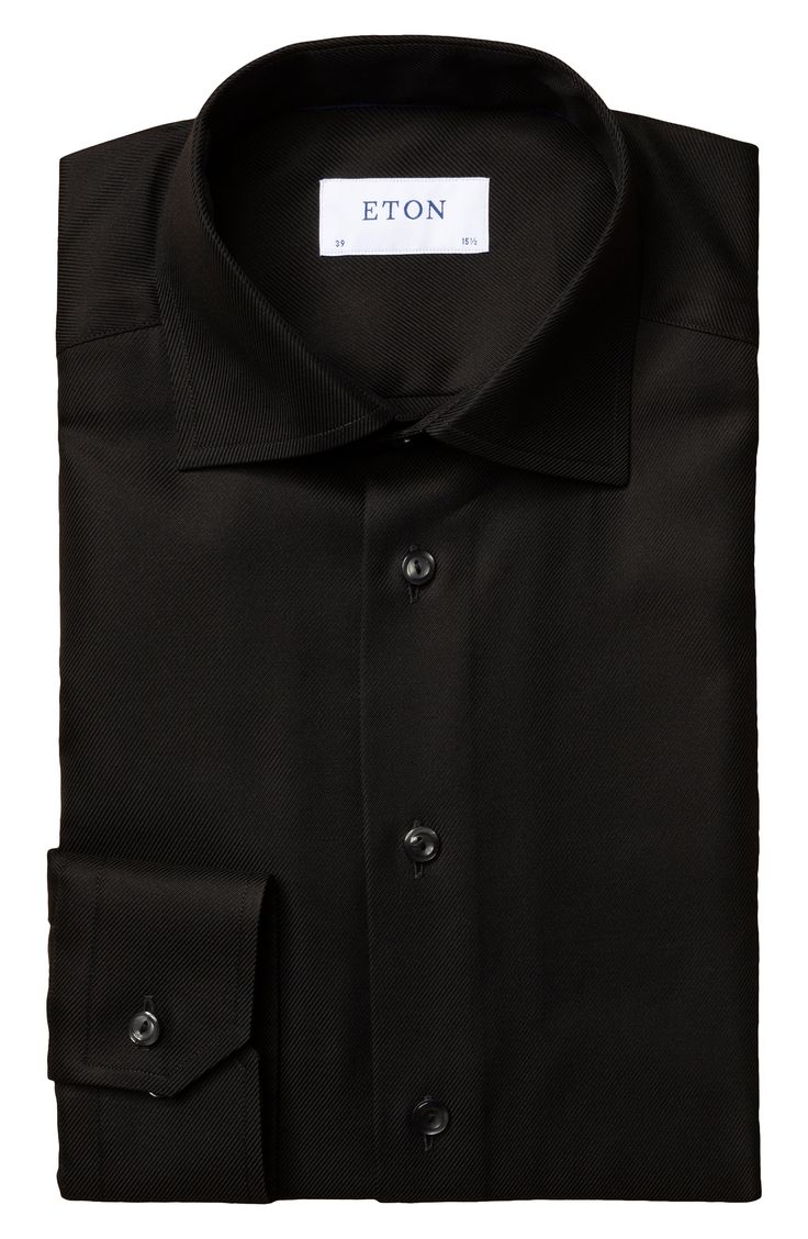 Crease-resistant performance cotton elevates a sleek and stylish dress shirt with cuffs that convert from button to French for versatile appeal. Style Name:Eton Trim Fit Solid Dress Shirt. Style Number: 6279010. Black Formal Button-up Dress Shirt, Black Button-up Dress Shirt For Formal Occasions, Black Office Shirt With Concealed Placket, Formal Black Dress Shirt With Button Closure, Classic Black Shirt With Fold Down Collar, Sleek Formal Shirt With Button Cuffs, Black Dress Shirt With Spread Collar For Business, Elegant Black Shirt With Concealed Placket, Elegant Black Shirt With Placket