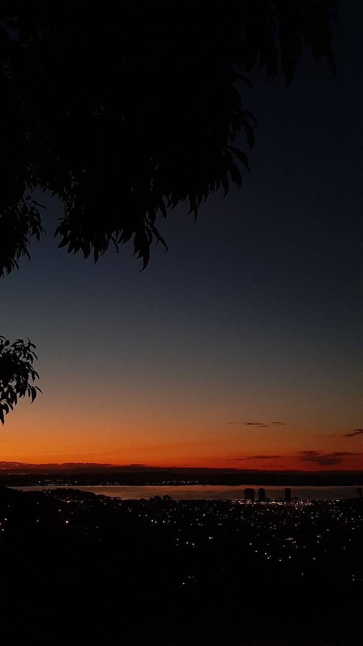 the sun is setting behind some trees and buildings in the distance, with water below it