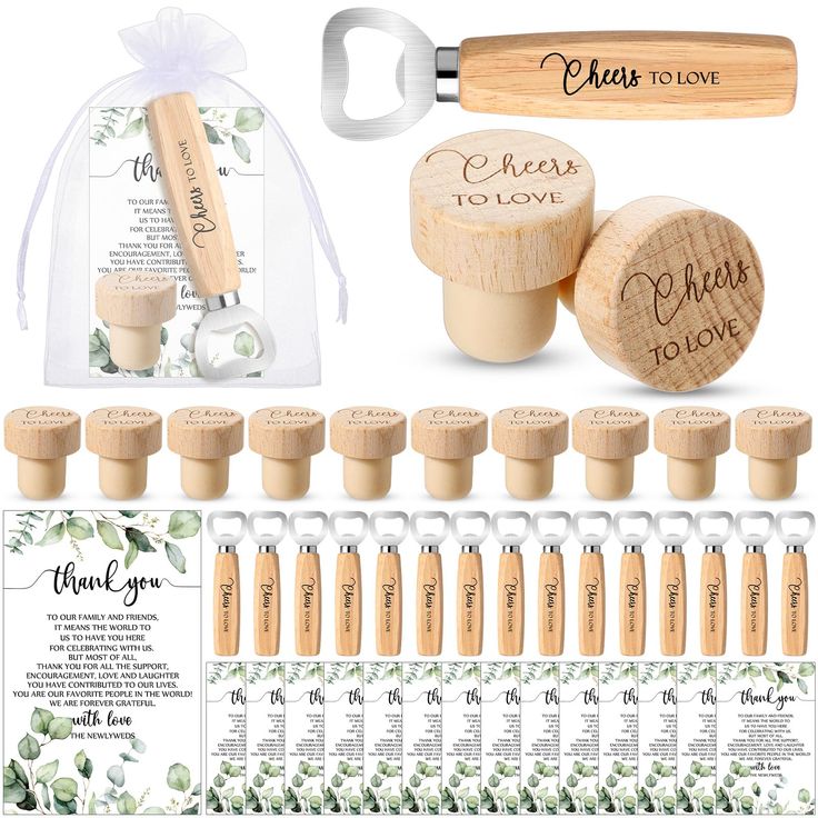 wedding favors and wine bottle stoppers with the words cheers to love printed on them