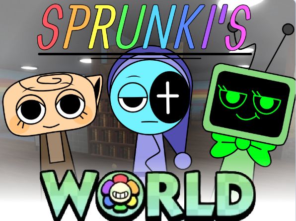 the sprunk's world logo with three cartoon characters in front of it