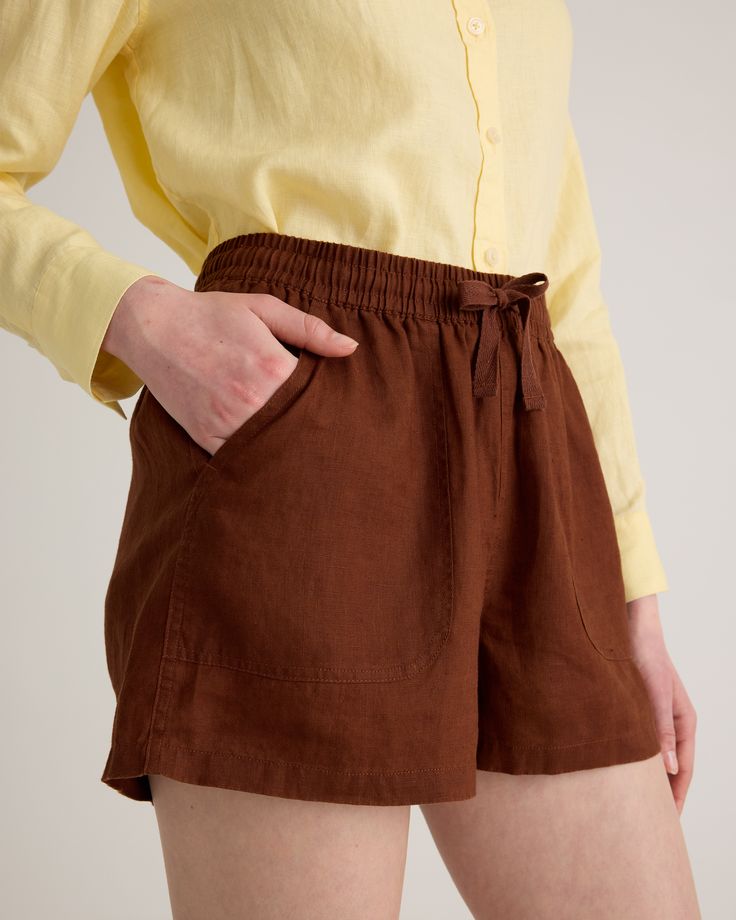 These cute and comfy linen shorts are a summer staple in our wardrobes. Easy to wear for that laidback aesthetic, with a drawstring waist and pockets. Our linen is made from 100% European flax, which is more sustainable and less resource-intensive to grow. Linen is the ultimate temperature-proof fabric because it's breathable and naturally heat-regulating.  | Quince | Women's 100% European Linen Shorts in Chocolate, Size XL Relaxed Fit Linen Shorts For Vacation, Relaxed Linen Shorts For Vacation, Comfortable Linen Beach Shorts, Comfortable Linen Shorts For Beach, Comfortable Linen Shorts With Relaxed Fit, Comfortable Relaxed Fit Linen Shorts, Linen Drawstring Shorts For Vacation, Casual Linen Relaxed Fit Shorts, Comfortable Linen Shorts