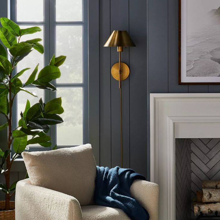 a living room with a chair, fireplace and potted plant