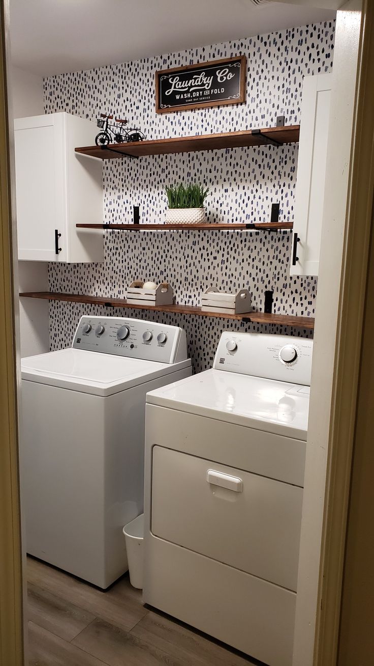 Laundry room, wallpaper, makeover Trailer Remodel Single Wide, Laundry Room Redesign, Basement Laundry Room Ideas, Basement Bathrooms, Laundry Closet Makeover, Basement Living Room, Basement Decoration, Mobile Home Renovations, Laundry Room Ideas Small Space