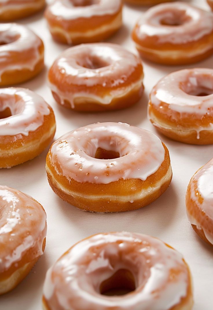 many glazed donuts are lined up on a table