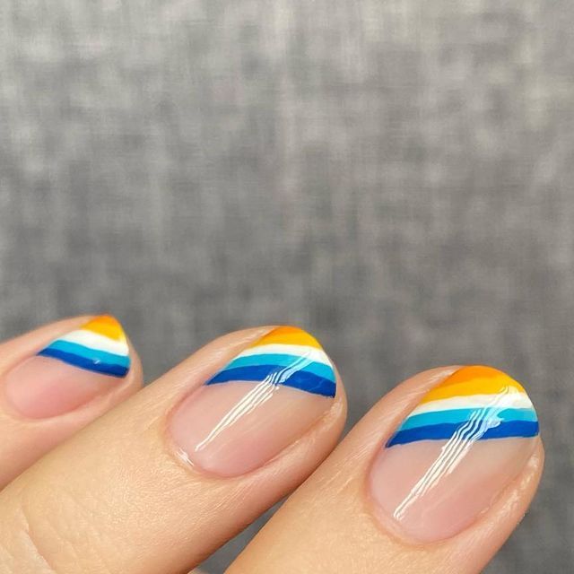 Stefanie ☀️ | Nail Art Inspo on Instagram: "Retro summer stripes? Jk they’re actually the aroace flag! 🧡🤍💙 Those who identify as aroace (aromantic asexual) don’t usually experience romantic or sexual feelings towards others, and contrary to what society has probably made us believe- that’s completely valid. It was hard for my libra brain to understand the concept of aromanticism, but I’ve come along way lol ultimately it’s about respecting even if you don’t understand! I think this flag is so Stripey Nail Ideas, Aroace Pride Nails, Aroace Fashion, Ace Pride Nails, Aroace Makeup, Nonbinary Nail Art, Trans Flag Nails, Trans Nails Designs, Aroace Nails