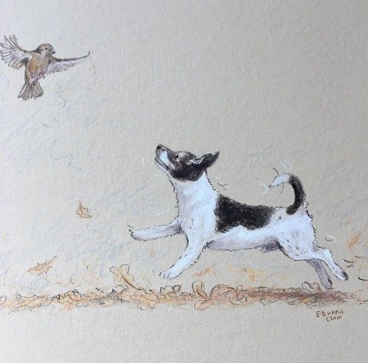 a drawing of a dog chasing a bird