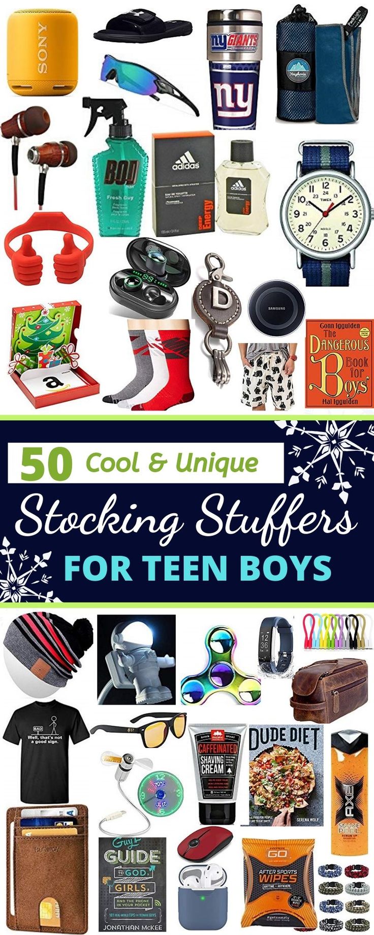 the cover of 50 cool and unique stocking stuff for teen boys is shown here