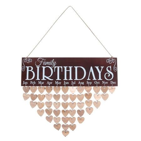 a wooden sign that says family birthdays hanging from a string with hearts on it