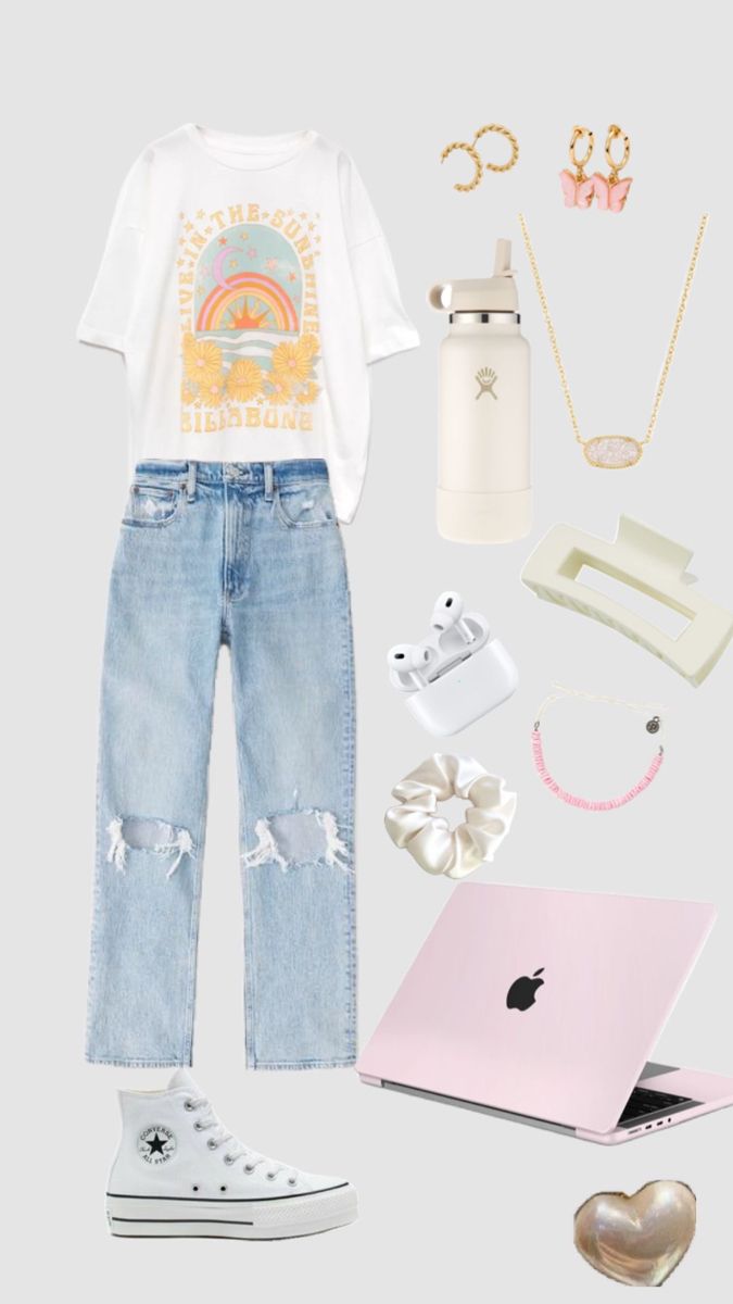 a white shirt, jeans and sneakers with accessories