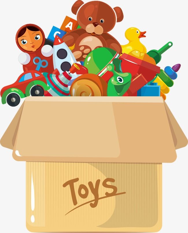 an open cardboard box filled with toys on top of a white background and the words toys written in brown