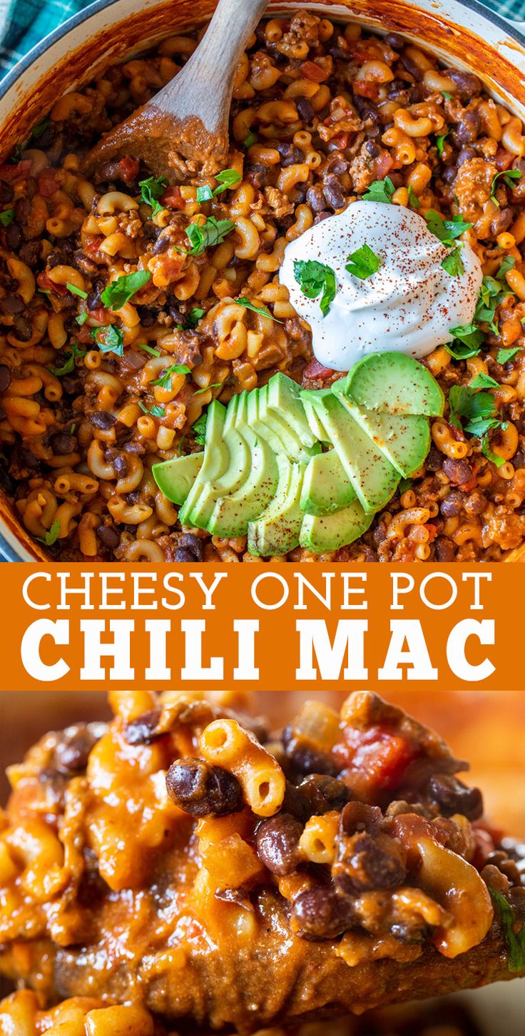 cheesy one pot chili mac with avocado and sour cream