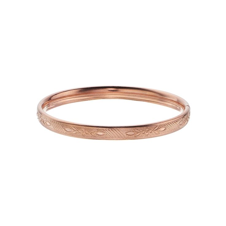 "Decorated with an ornate floral motif and textured detailing, this 14k rose gold-filled bangle bracelet adds a beautiful touch to her outfit.BRACELET DETAILS Length: 5.25 in. Width: 4.6 mm Clasp: snap Metal: 14k rose gold-filled Packaging: boxed Size: 6"". Gender: female. Age Group: kids." Engraved Rose Gold Bangle Bracelet, 14k Rose Gold Bangle Bracelet, Rose Gold Diamond Bangle Bracelet, Dainty Rose Gold 14k Gold Bangle, Engraved Rose Gold Round Bracelet, Engraved Rose Gold Bracelet, Adjustable Rose Gold Bangle Bracelet, Dainty Rose Gold Bangle Bracelet, Garden Balls