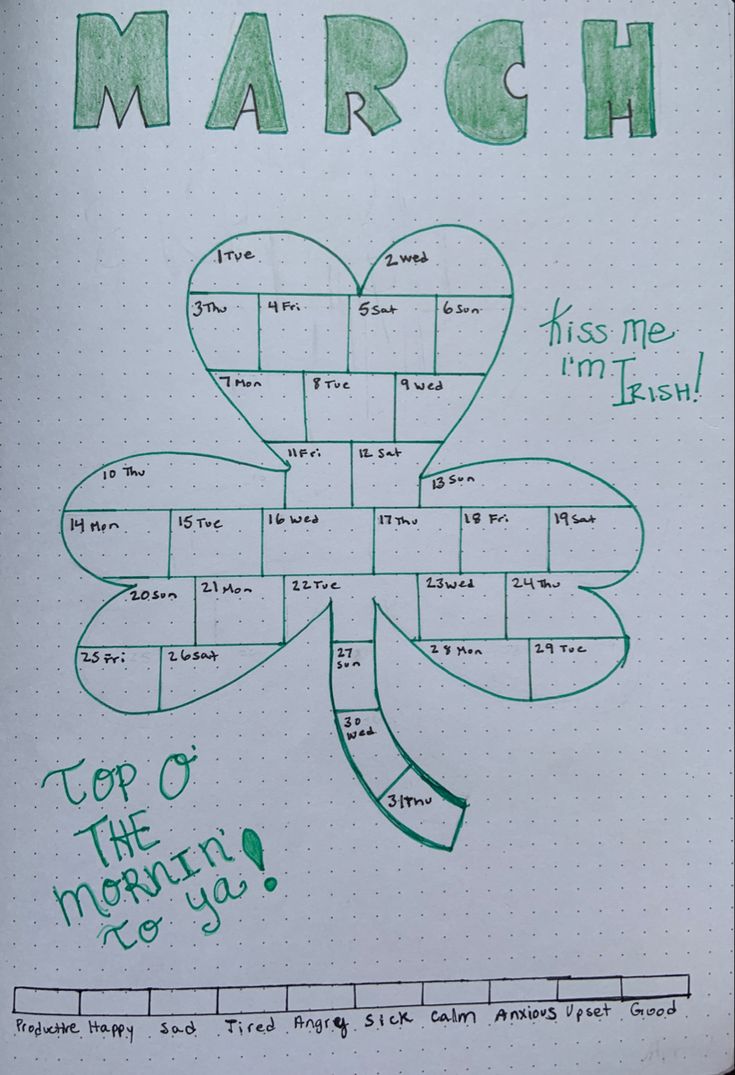 A shamrock with lines throughout to break it up into 31 chunks for March 2022 to track your mood. Mood Tracking Ideas, Christmas Mood Tracker Ideas, Mood Tracker For March, 2024 Mood Tracker, Mood Trackers January, March Mood Tracker Ideas, Birthday Mood Tracker, March Weather Tracker, March Sleep Tracker