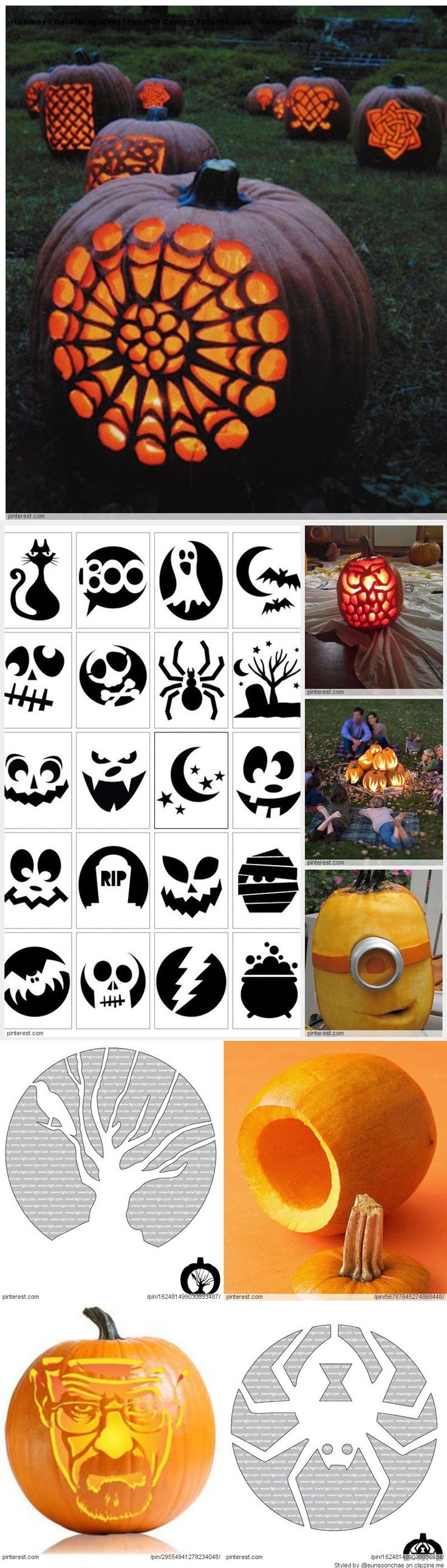 some pumpkins that are sitting on the ground and in front of each other with different designs