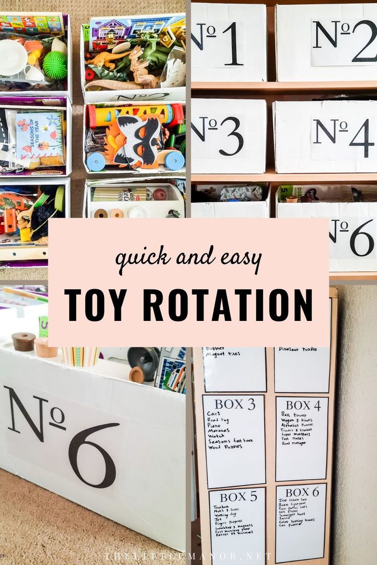 a toy storage bin with numbers and toys in it, next to the words quick and easy toy rotation