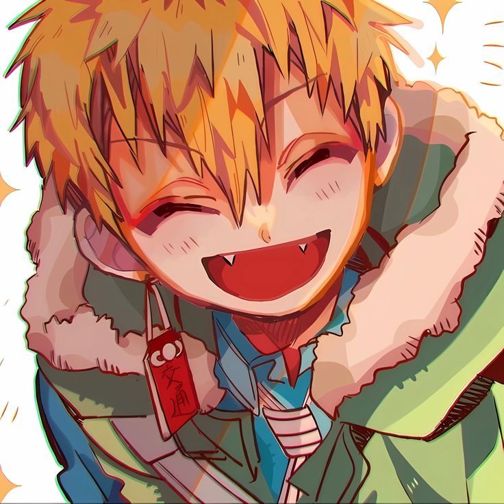 an anime character is smiling and holding a cell phone to his ear with one hand