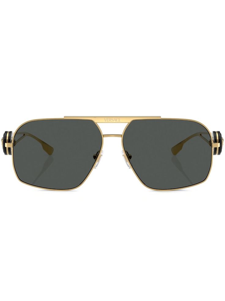 gold-tone steel pilot frame tinted lenses UV-protective lenses Medusa Head motif double bridge nose pads sculpted arms curved tips These glasses come with a protective case. Sculpted Arms, Versace Eyewear, Aviator Watch, Medusa Head, Balenciaga Triple S, Fine Watches, Gold Sunglasses, Nike Air Max 97, Derby Shoes