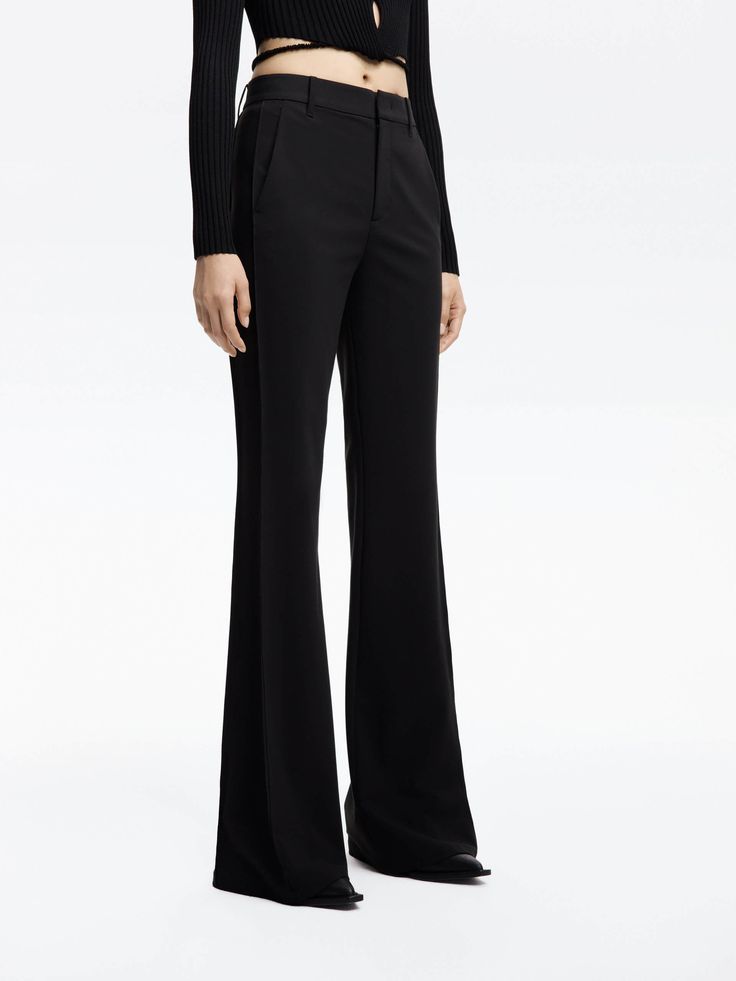 MO&Co. Women's Tailored Straight Leg Trousers These pants are made for a smart and refined business closet. Featuring a slim flare cut and high waist。 Wear it with the matching top to elongate your silhouette for a flattering look. Features : - High waist, slightly flared silhouette- Concealed button, hook, and zipper closure Code: MBD1PAT013The back length of size M is 107cmMATERIALS & CARE Material: 64.8% Polyester 29.8% Viscose 5.4% SpandexREMINDER: All items are measured manually. Please not Chic Tailored Pants For Evening, Chic Tailored Evening Pants, Stretch Wide Leg Pants For Formal Occasions, Modern Formal Elastane Bottoms, Modern Wide Leg Pants For Evening, Formal Stretch Wide Leg Dress Pants, Sleek Formal Wide Leg Pants, Sleek Wide Leg Pants For Formal Occasions, Sleek Wide Leg Evening Pants