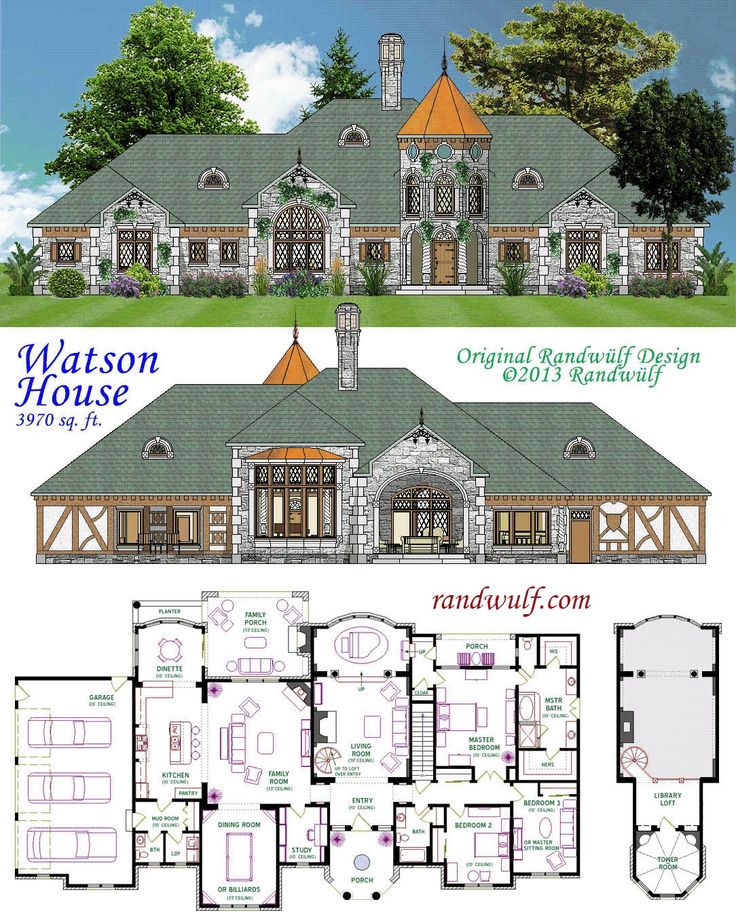 two story house plans with an open floor plan and large windows on the second level