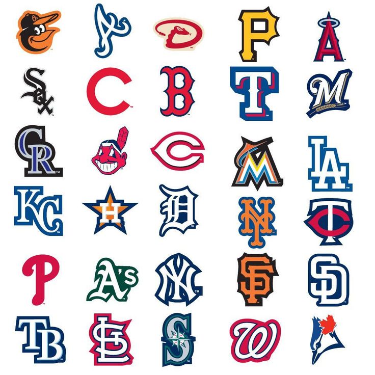 many different types of baseball logos on a white background, including the letter s and m