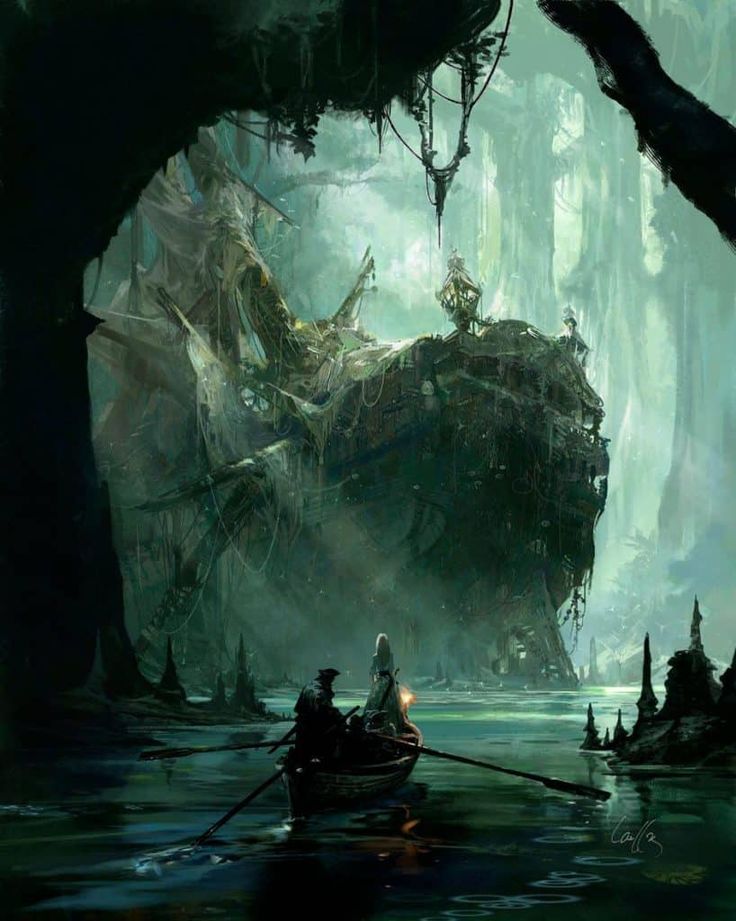 a man rowing a boat through a forest filled with giant monster like structures in the water