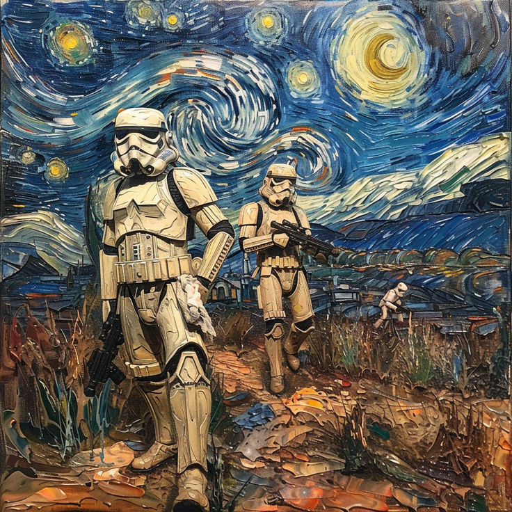 two star wars characters are standing in front of a painting