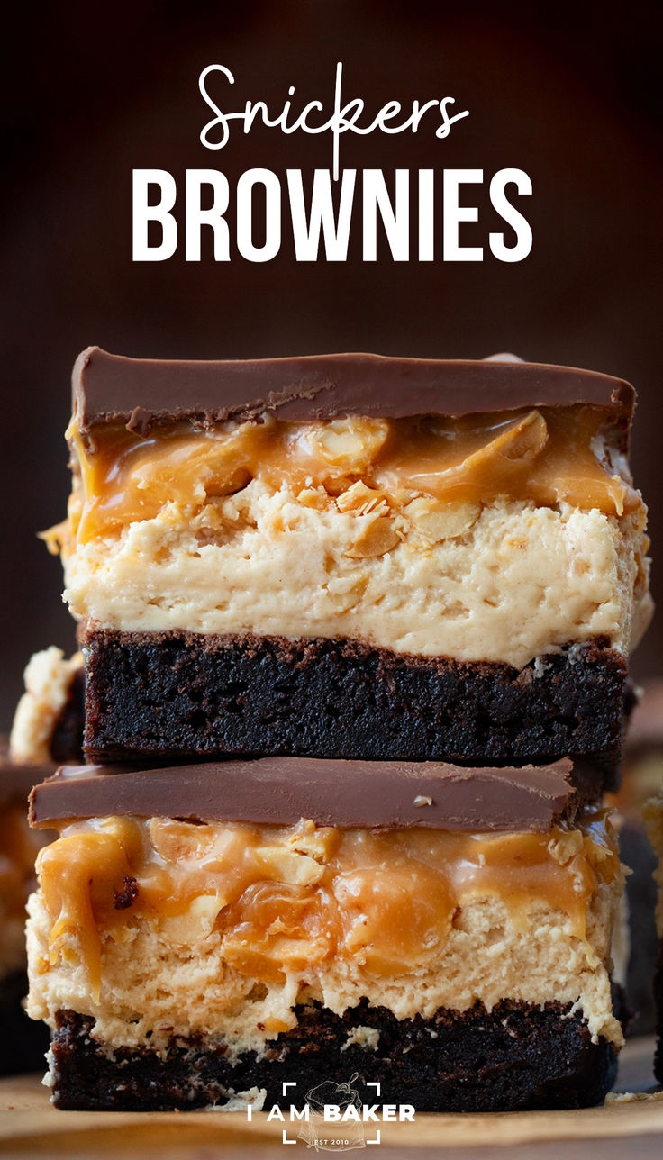 three brownies stacked on top of each other with caramel drizzle