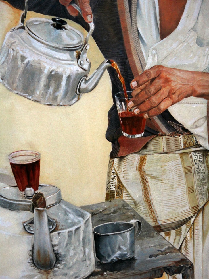 a painting of a person pouring something into a cup with a teapot on the table