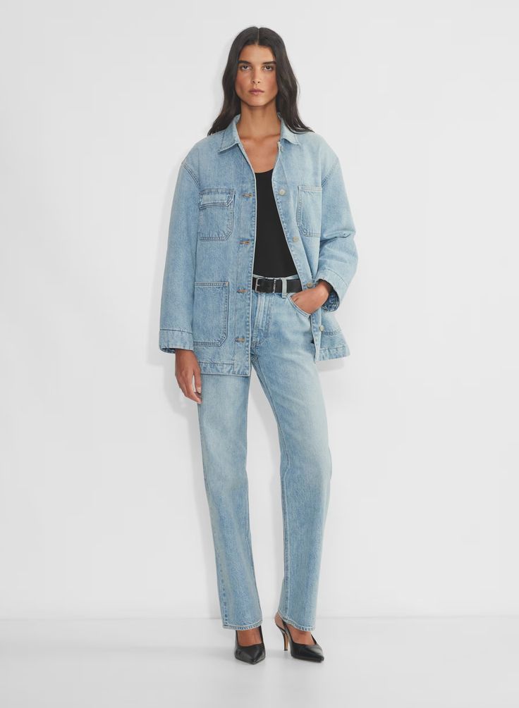 THE ’90S DENIM CHORE COAT | Aritzia Aritzia Aesthetic, Created Colorful, Denim Chore Jacket, Denim Collar, Cool Aesthetic, Coat Classic, Tailored Coat, 90s Denim, Chore Coat