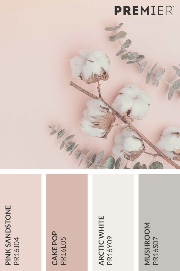 the color palette is pale, pink and grey with some white flowers on top of it