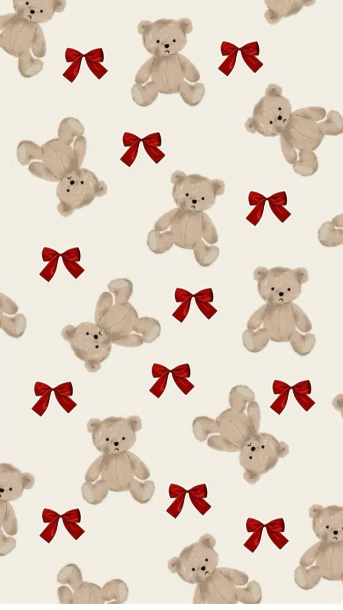 a group of teddy bears with red bows on white background, for wallpaper or fabric