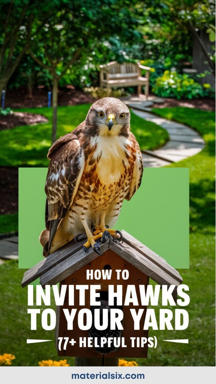 Hawk perched on a birdhouse in a garden with the text: "How to invite hawks to your yard (77+ helpful tips)" Backyard Ecosystem, Backyard Birds Sanctuary, Majestic Birds, Relaxing Backyard, Conifer Trees, Backyard Inspiration, How To Attract Birds, Tea Garden, Diy Garden Projects