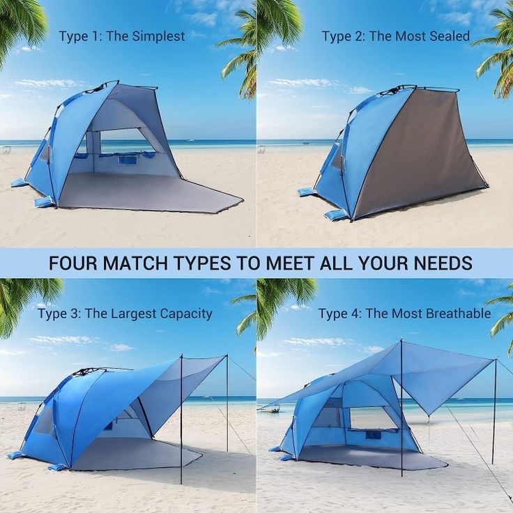 four different types of tents on the beach with palm trees in the background and instructions for how to set up them