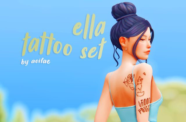 an animated girl with tattoos on her arm and back, standing in front of a blue sky