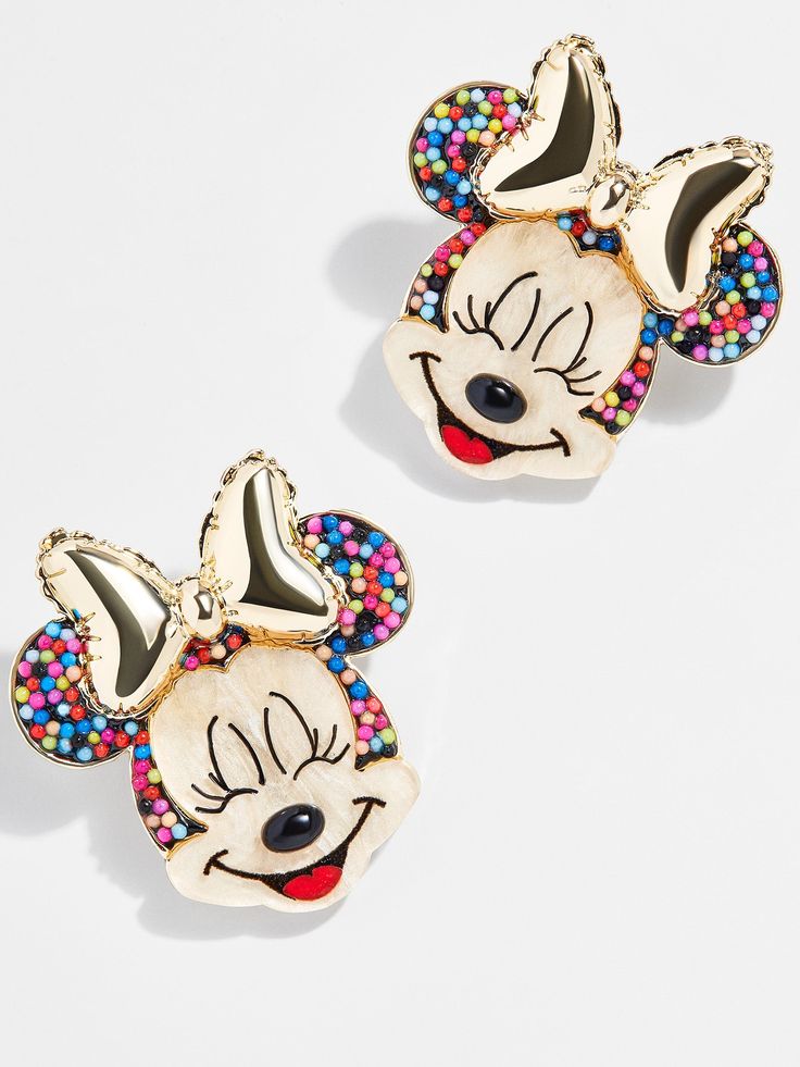 pair of mickey mouse earrings with multicolored beads on white backgroung