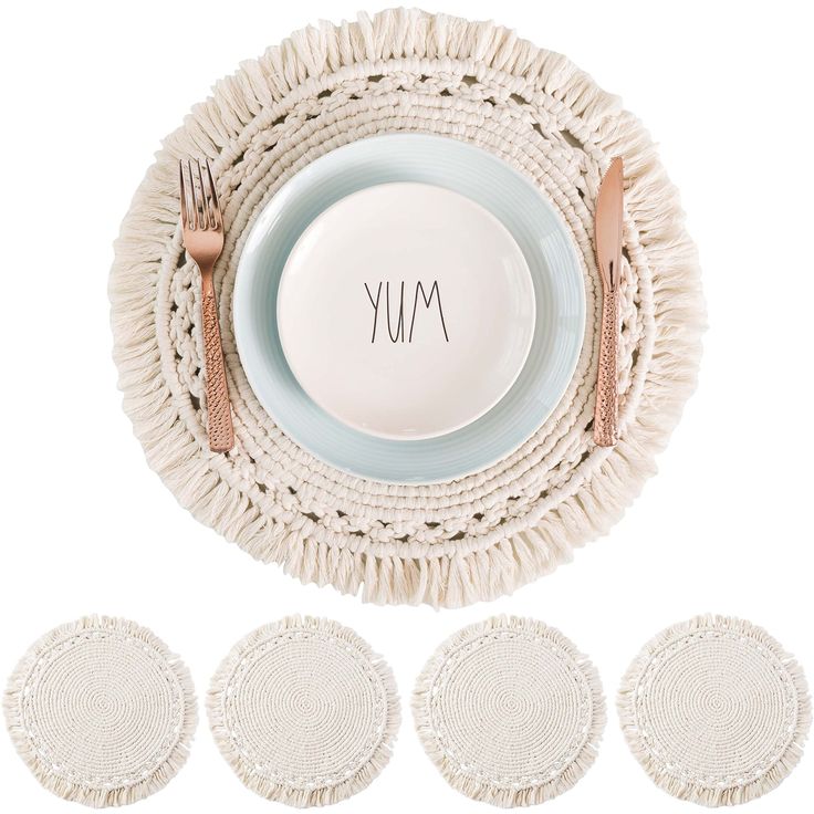 PRICES MAY VARY. THE RIGHT TOUCH of texture and elegant design can make a big decorative difference. SnugLife’s boho placemats set of 4 will add that just right dash of rustic chic decor 100% HANDMADE macrame placemats. From its cute tassels and farmhouse pattern, each braided piece is woven with care. Perfect cream placemats for any boho dining table NATURAL COTTON placemats for dining table or beautiful coffee table settings. Measures 16”x16". Use on tables at home, even in an office to spruce Macrame Placemats, Cream Placemats, Boho Dining Table, Boho Placemats, Kitchen Bohemian, Modern Placemats, Bohemian Wedding Decorations, Rustic Chic Decor, Dining Table Kitchen