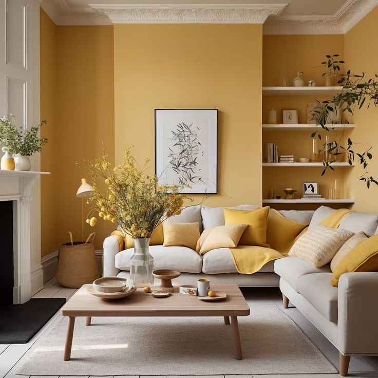 a living room with yellow walls and white furniture