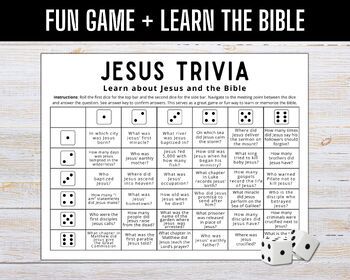 the jesus trivia game with dices on it and text that reads fun game + learn the bible