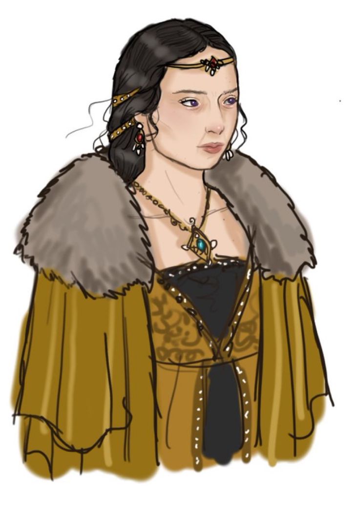 a drawing of a woman wearing a brown and black outfit with fur on her shoulders