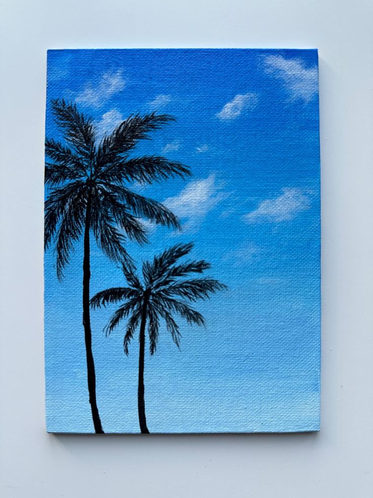 a painting of two palm trees against a blue sky