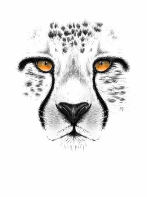 a drawing of a cheetah's face with orange eyes and black spots