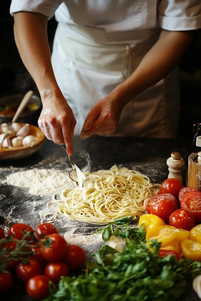 a chef is sprinkling parmesan cheese on top of noodles and tomatoes