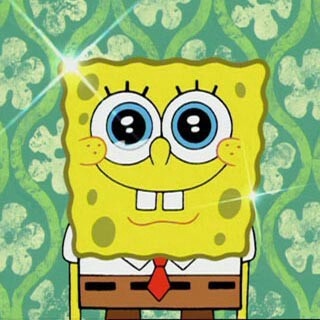 the spongebob is wearing a red tie and green wallpaper with blue eyes